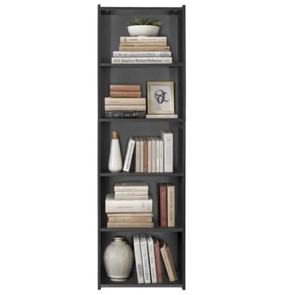 JupiterForce 5-Tier Reversible Open-Back Aesthetic Bookshelf - Stable Wide Base, Retro Design, Multi-Level Vertical Living Room Furniture, Small Black Book Storage Organizer for Collectibles