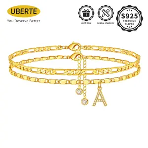 UBERTE 2-Piece Set of 14K Gold-Plated Alphabet Anklets for Women Personalized Name A-Z Initials Anklets Inlaid with Exquisite Synthetic Cubic Zirconia Chain Pendant Set Clothing Accessories Gifts Especially Suitable for Summer