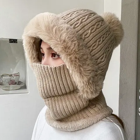 Fleece-Lined Balaclava Hat-Scarf Combo, Full Face Knitted Thermal Insulation Hats - Windproof Headwear with Ski Mask, Ear Coverage, Windchill Shield for Men, Women, Ideal for Skiing, Snowboarding
