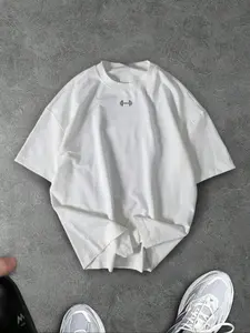 Unisex T-Shirt with Barbell Geometric Pattern Print, Street Style, Fashionable and Trendy, Outdoor Sports, Campus Youth, All Seasons