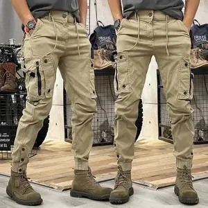 Military Tactical Cotton Cargo Pants for Men, Elastic Casual Trousers, Zipper Multi-Pocket Joggers, Khaki, Black, Army Green