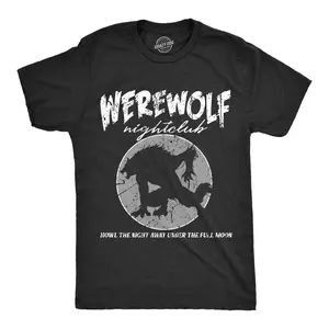 Mens Werewolf Nightclub T Shirt Funny Spooky Halloween Party Joke Tee for Guys Mens Funny T Shirts Cool Vintage Fashion T-Shirt Gift Classic Menswear Halloween Apparel for Men Funny Animal Short Sleeve Novelty Black -
