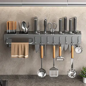 Kitchen Storage Rack with Hooks, 1 Count Wall Mounted Kitchen Utensil Holder, Kitchen Storage Organizer, Kitchen Utensil Organizer, Kitchen Accessories