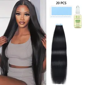 Tape In Hair Extensions Human Hair 50g Straight Black and Dark Brown Color With Replacement Tapes 20 Pcs , Remover