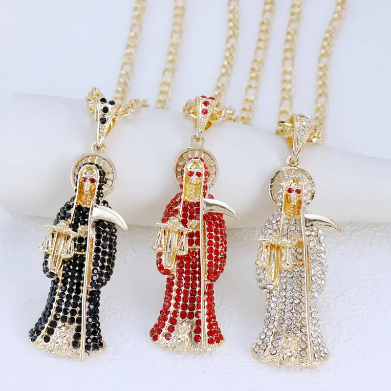 Fashionable Rhinestone-Decorated Copper Santa Muerte Pendant Necklace - Elegant Chain, Metal Coating, Long Design, Gold Chain Detail, Casual & Special Occasion Costume Jewelry