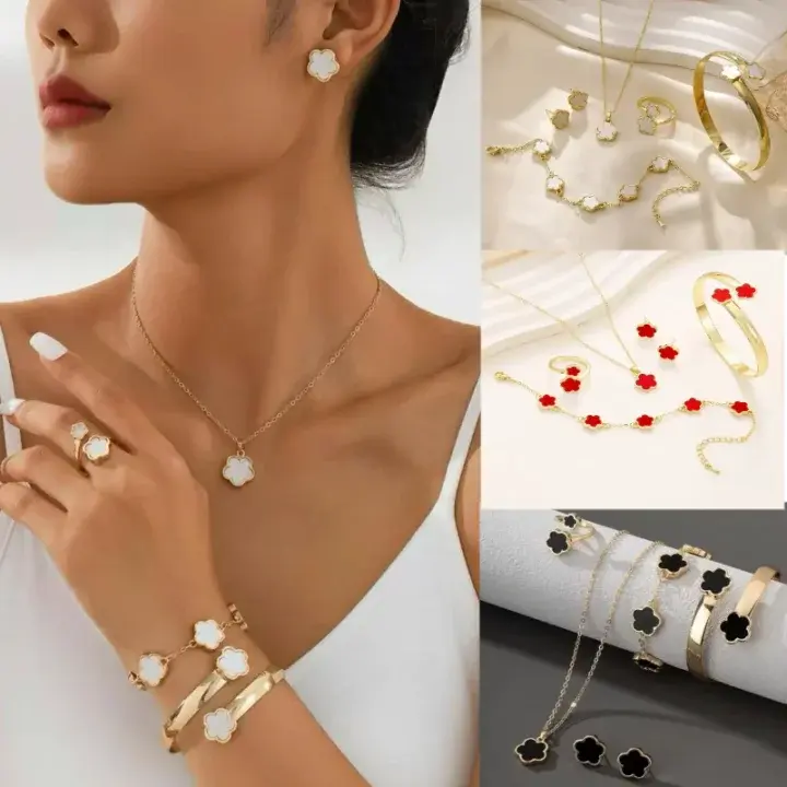 Women's 6Pcs Gold Plated Flower Jewelry Set - Affordable Luxury Lucky Floral Design, Chain & Link Necklace, Earrings, Bracelet, Bangle, Ring, Christmas Gift for Her, Tarnish Proof Elegant All-Match Vintage Accessories