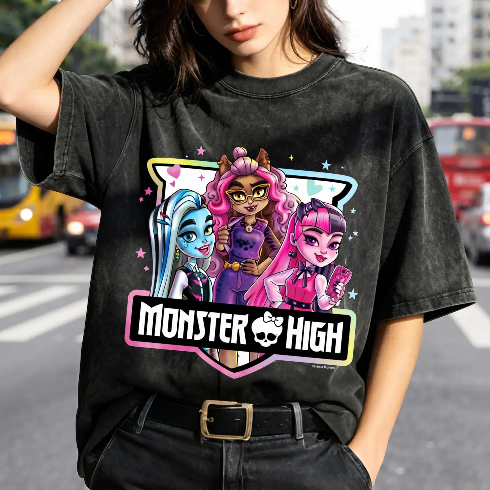 Women's Monster High Cartoon Character Vintage Washed Oversized Graphic T-Shirt - Short Sleeve, Soft, Breathable, Flat, Ideal for Day Wear, Outdoor Casual, Versatile to Match Skirts a-3