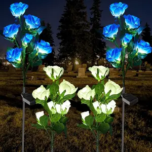 4 count Solar  Cemetery Grave Decorations Outdoor LED Flower Lights with 6 Rose  Garden Stake Lights  for Independence Day Grave Decorations(Blue, White)