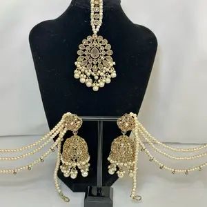 Desi Premium Quality Polki Bahubali Sahara Jhumka Tikka Set with Earchain - Elegant Design Earings