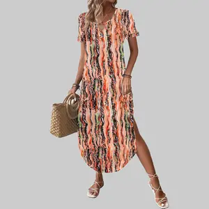 Womens Maxi Summer Dress with Pockets Casual Short Sleeve Sundress Trendy 2026 Curve Hem Long Dress