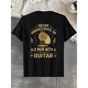 Men's 100% Cotton T-Shirt with Guitar Appliqué, Casual Crew Neck Short Sleeve T-Shirt, Four Seasons Knit Fabric, Regular Fit, Geometric Pattern - Ideal for Casual Wear and Holiday Gifts, Holiday Gift T-Shirt | Vintage fashion T-shirt | Detailed Appliqué T