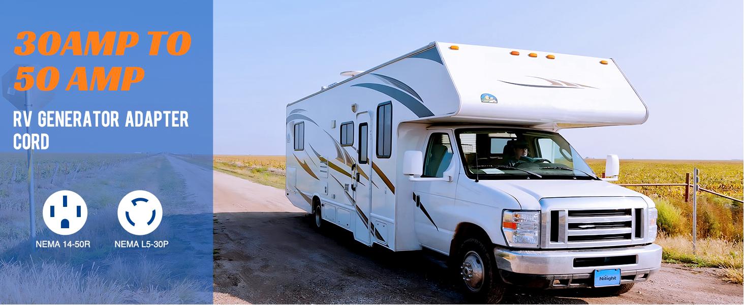 Nilight RV Generator Adapter Cord 30Amp to 50 Amp 3 Prong Pure Copper Heavy Duty Twist Lock Male Plug 10 Gauge Wire L5-30P 14-50R 30M/50F for RVs Camper Caravan Van Trailer