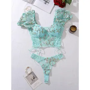 2pcs Sexy Lace Floral Embroidery Lingerie Set with Underwire Bra and Panties for Women