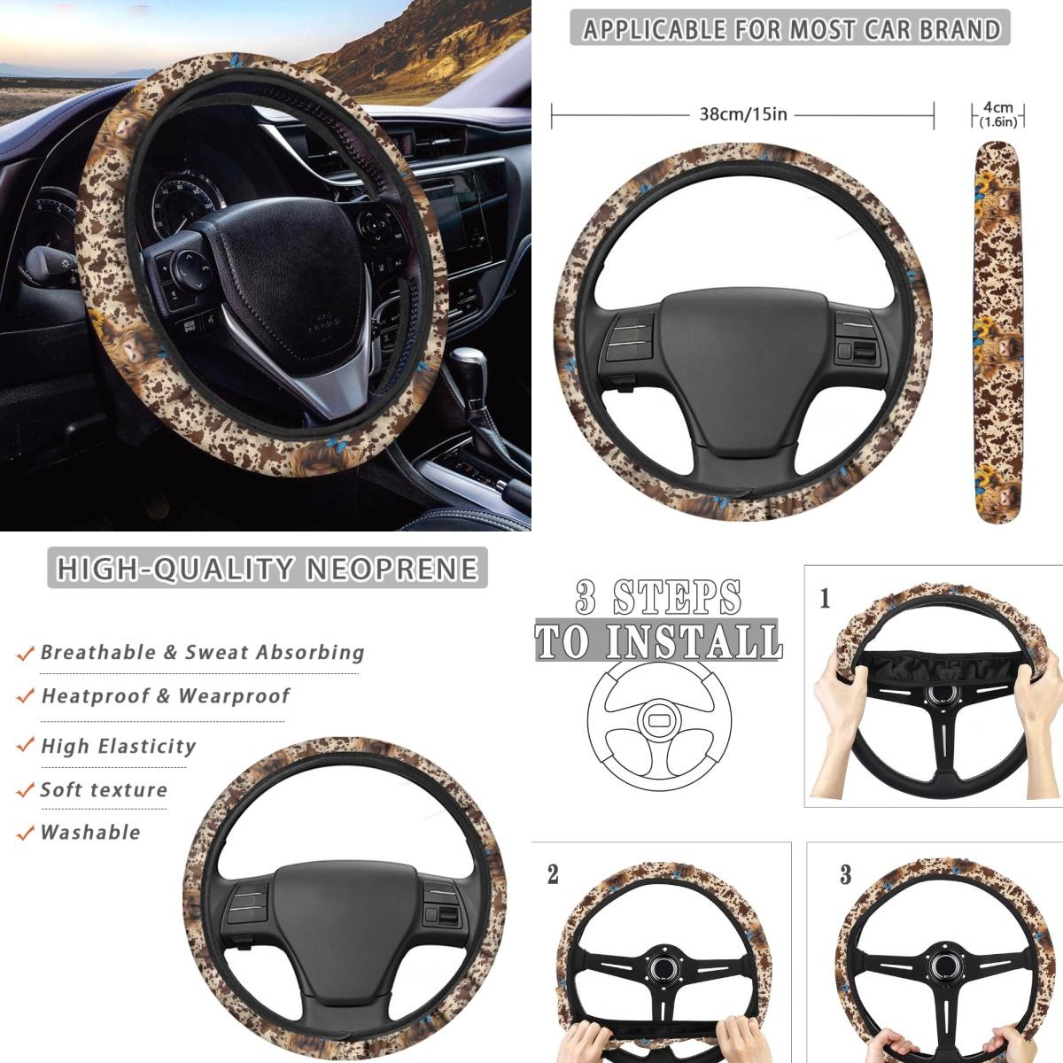 Aztec Highland Cow 14-Piece Auto Seat Cover Full Set Kit, Elastic Non-Slip Car Interior Ornament with Steering Wheel Cover, Coasters, Safety Pads, Garbage Bag & Keychain, Festive Holiday Gift for Men, 14 Pieces, Auto Interior