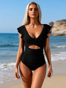 Holiswim Women One Piece Bathing Suit Tummy Control Cutout Swimsuit Slimming V Neck Ruffle Swimwear Ribbed Swimsuits for Women Wrap Monokini Sexy Modest Swim Suit