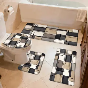 Bathroom Rug Set, Flannel Absorbent Non-Slip Bath Mats, Retro Geometric Grid Design, Washable Floor Mats for Tub, Shower, Toilet, U-Shaped Contour Mat & Lid Cover for Bathroom Decor