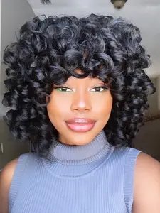 14 Inch Short Loose Curly Wigs for Black Women Soft Curly Wig with Bangs Synthetic Wig for Cosplay Daily Party Use