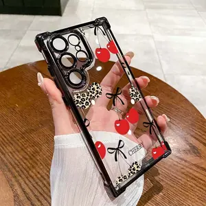 For S25/S24/S23/S22 UltraPhone Case Electroplating luxury transparent four corner anti drop and shockproof phone case Red Cherry Pattern phone case ZL7