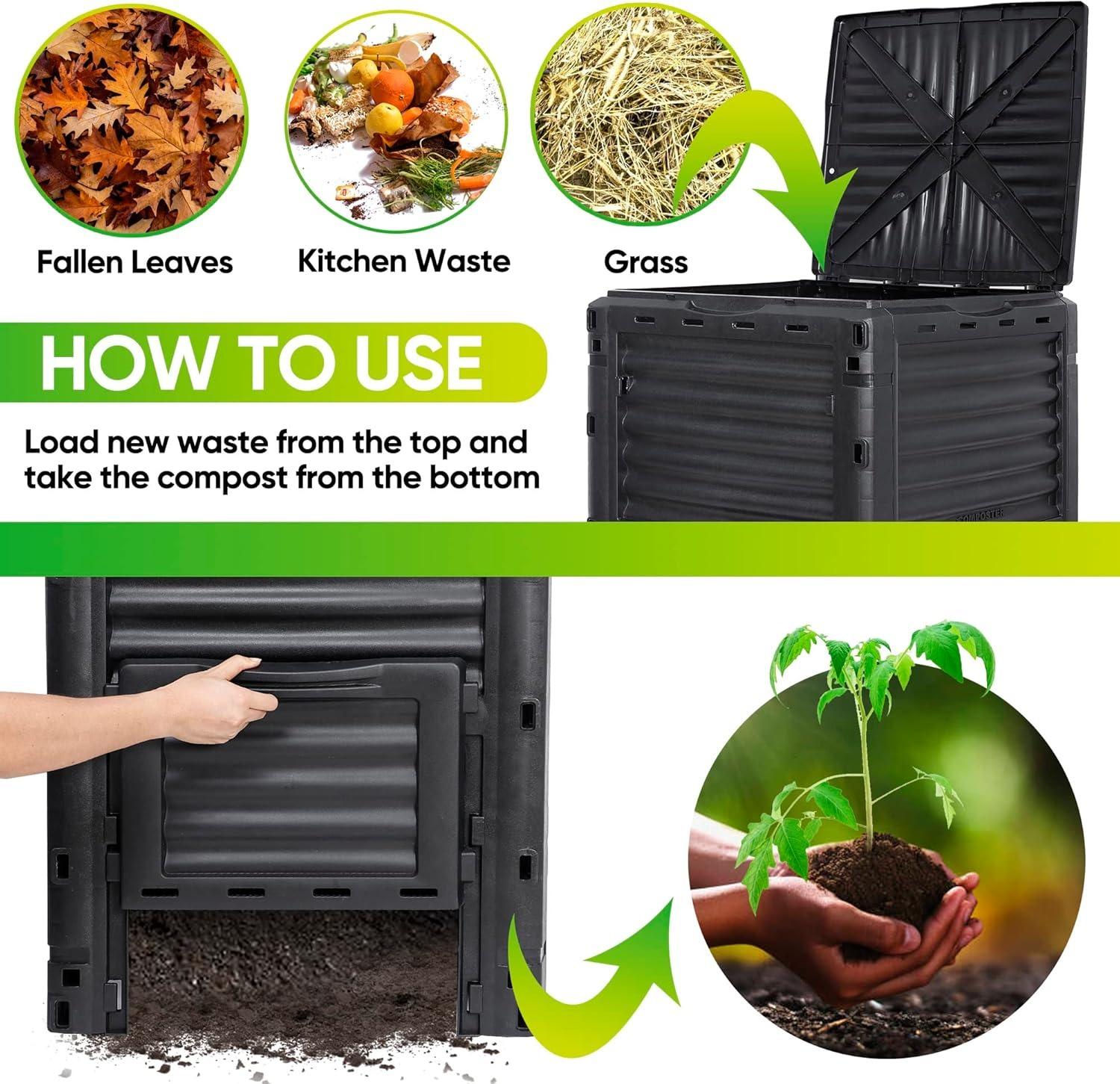 Compost Bin 80 Gallon,Includes Gloves, Large Compost Bin w/Top Flip Latch-on Lid, Bottom Exit Door Aerating Outdoor Garden Compost Box,BPA Free Material for Backyard Outdoor, Black