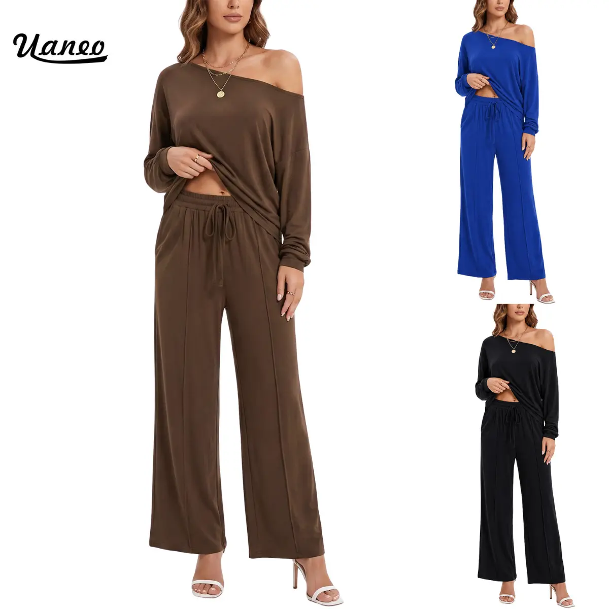 UANEO Women's 2-Piece Long Sleeve Loungewear Set Off-Shoulder Thermal Top with Convertible Styling (One-Shoulder or Classic) & Drawstring Pants, Elegant Solid Color Casual Loose-Fit Soft Womenswear Stylish Set for Lounging & Going Out, Fall Winter