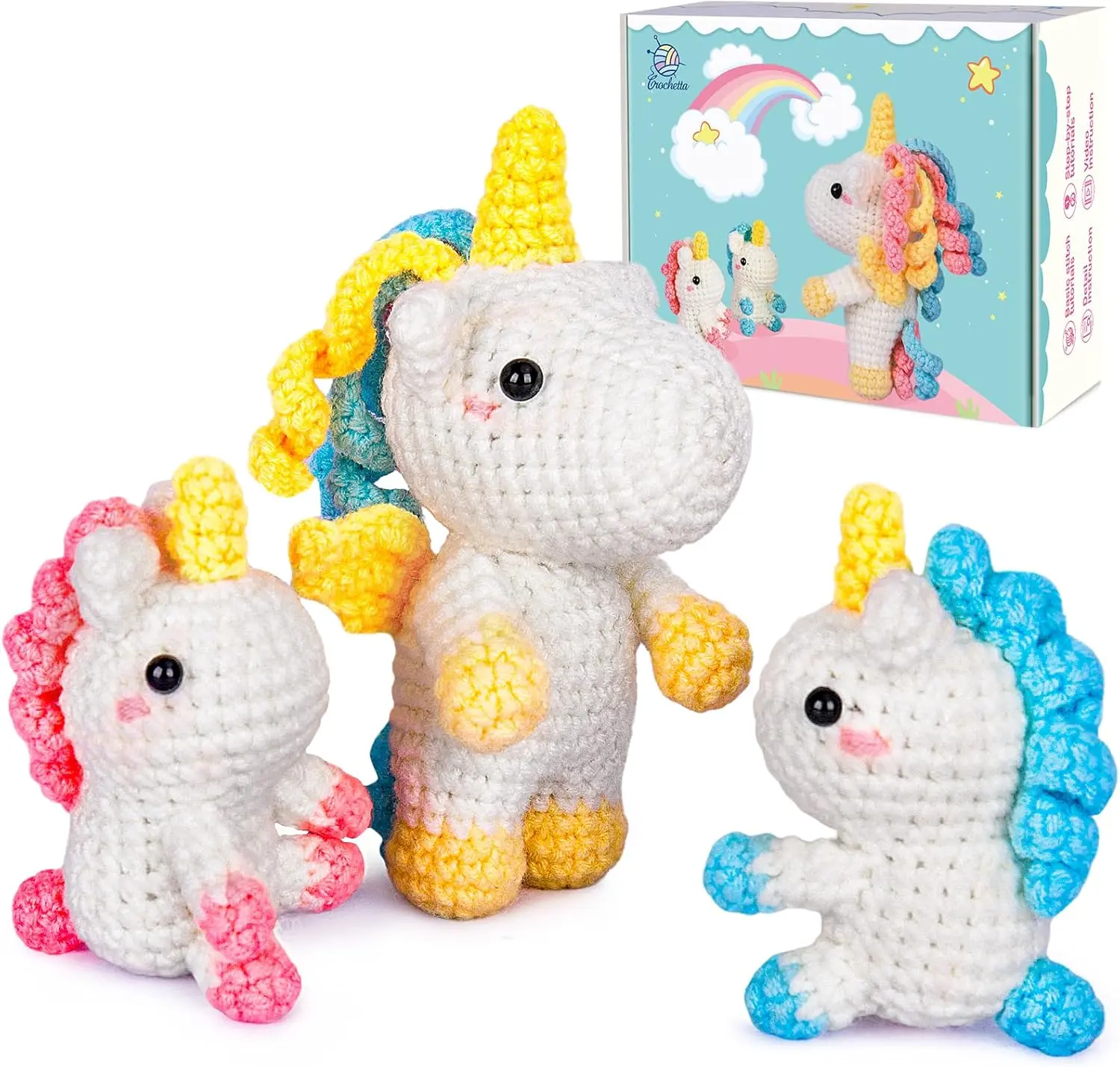 CROCHETTA Amigurumi Beginner Starter Kit - 3x Larger Jumbo Unicorn Crochet Items, 40% Extra Yarn, Step-by-Step Video Guide, Unlimited Support, Gift Box (Ideal for Valentine's Day, Mother's Day, Birthdays, Anyone Who Loves to Crochet)