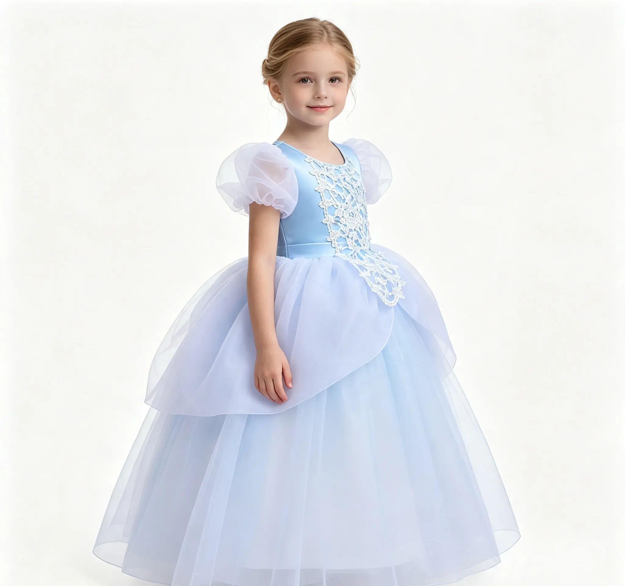 Girls’ waist-cinching dress, Cinderella princess cosplay costume, lace-paneled long flared performance outfit