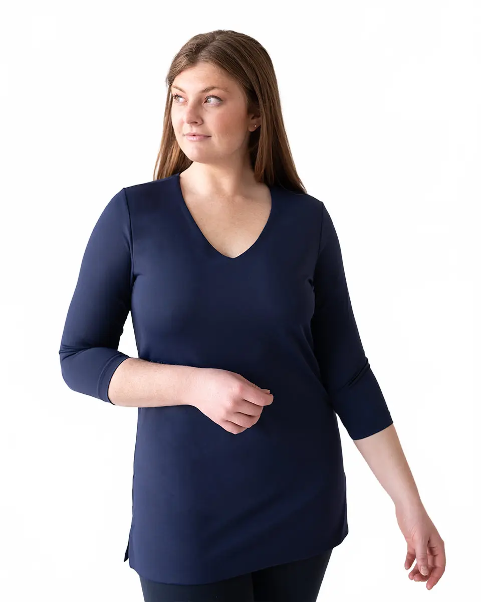 Women's V-Neck Tunic Top, 3/4 Sleeve Longline Stretch Blouse, Wrinkle Resistant Soft Lightweight Pullover for Work Office Business Casual, UPF 50 Sun Protection Breathable Moisture Wicking, Pairs with Leggings Jeans Skirts, Fall Layering Top