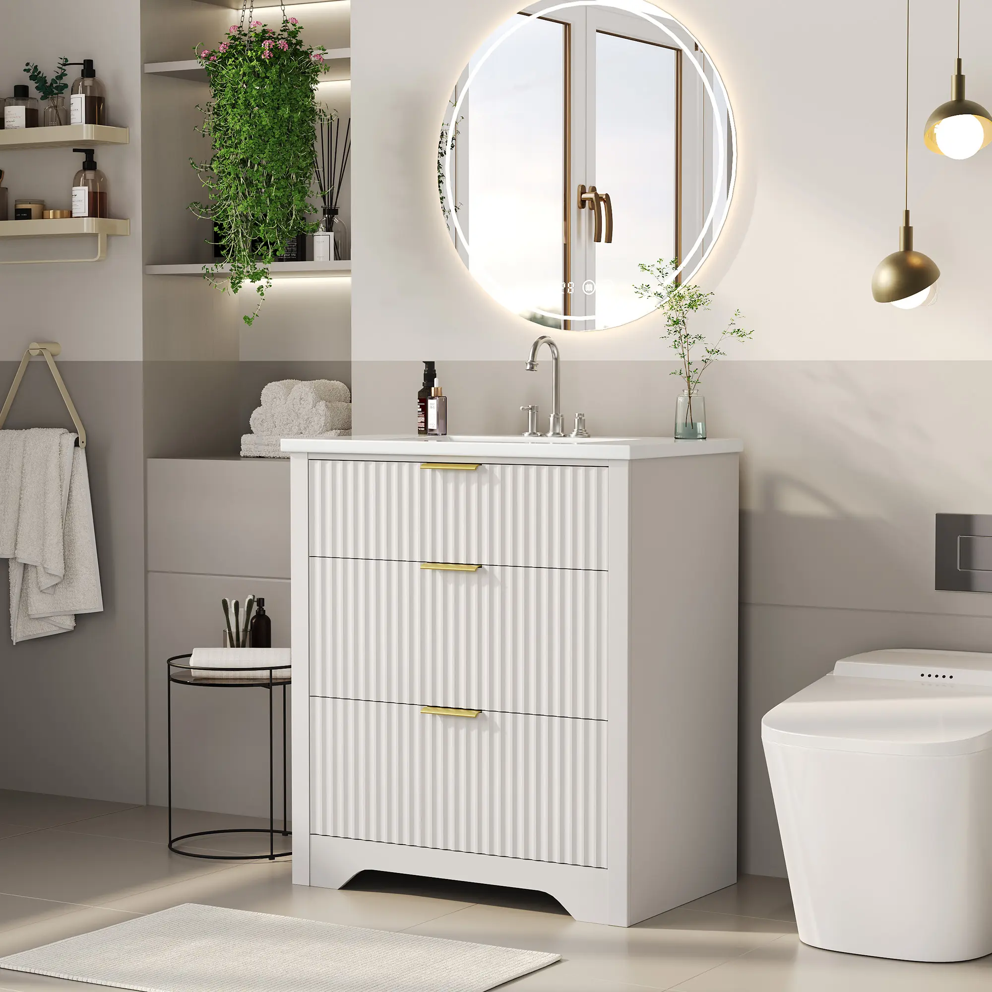 Modern Fluted Bathroom Vanity Set with basin – Freestanding Cabinet, 2 Drawers & turn-Down Drawer, Easy Assembly & Cleaning, Available in Natural Oak or Walnut, Ideal for Contemporary Bathrooms