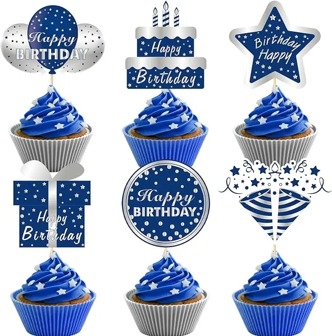 36Pcs Happy Birthday Cake Toppers Decorations for Men Boys, Blue Silver Birthday Cupcake Topper Sign Decor, 10th 13th 16th 18th 21st 30th 40th 50th 60th Birthday Cupcake Picks Party Supplies
