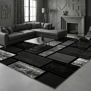 1pc Large Luxury Grey & Black Modern Bohemian/Geometric Rug Plush Large-Scale Rectangular Suitable for High-Traffic Areas Bedroom Machine Washable Soft with Non-Slip Backing