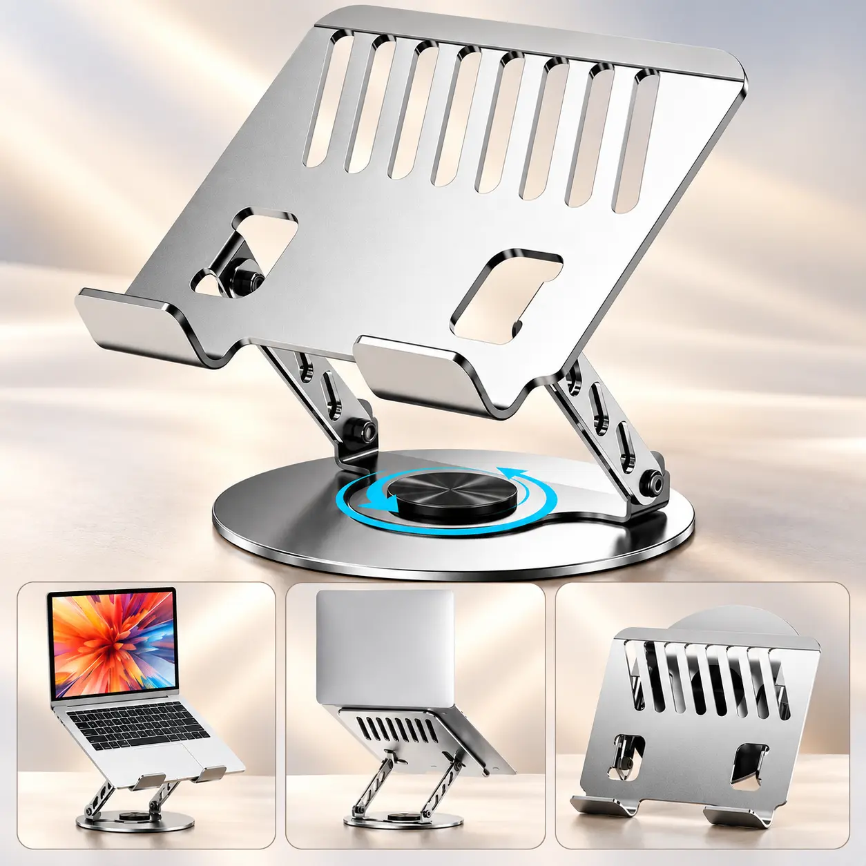 Metal 360° Rotatable Laptop Desk Support - Height-Adjustable, Foldable Ergonomic Riser with Swivel Base, Cooling Vents, Portable Unisex Notebook Holder for Home Office, Travel