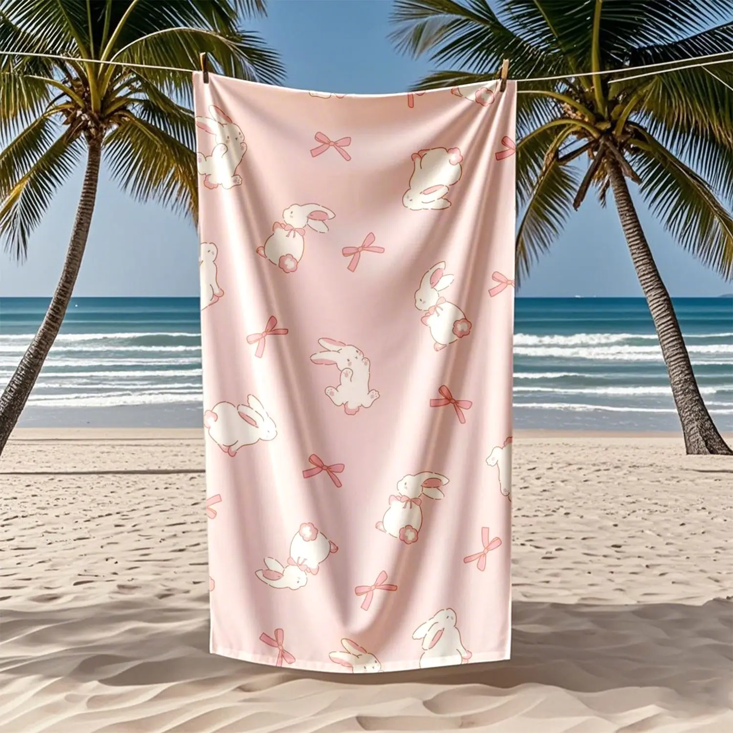 Cute Bunny Rabbit Microfiber Beach Towel, Strong Wrap Design, Durable and Absorbent, Artistic Print, Multi-Functional, Reusable, Perfect Gift