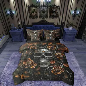 Sugar Skull 7 Pcs Comforter Set,Orange Rose Floral Bedding Set for Kids Boys Girls Teens Adults
