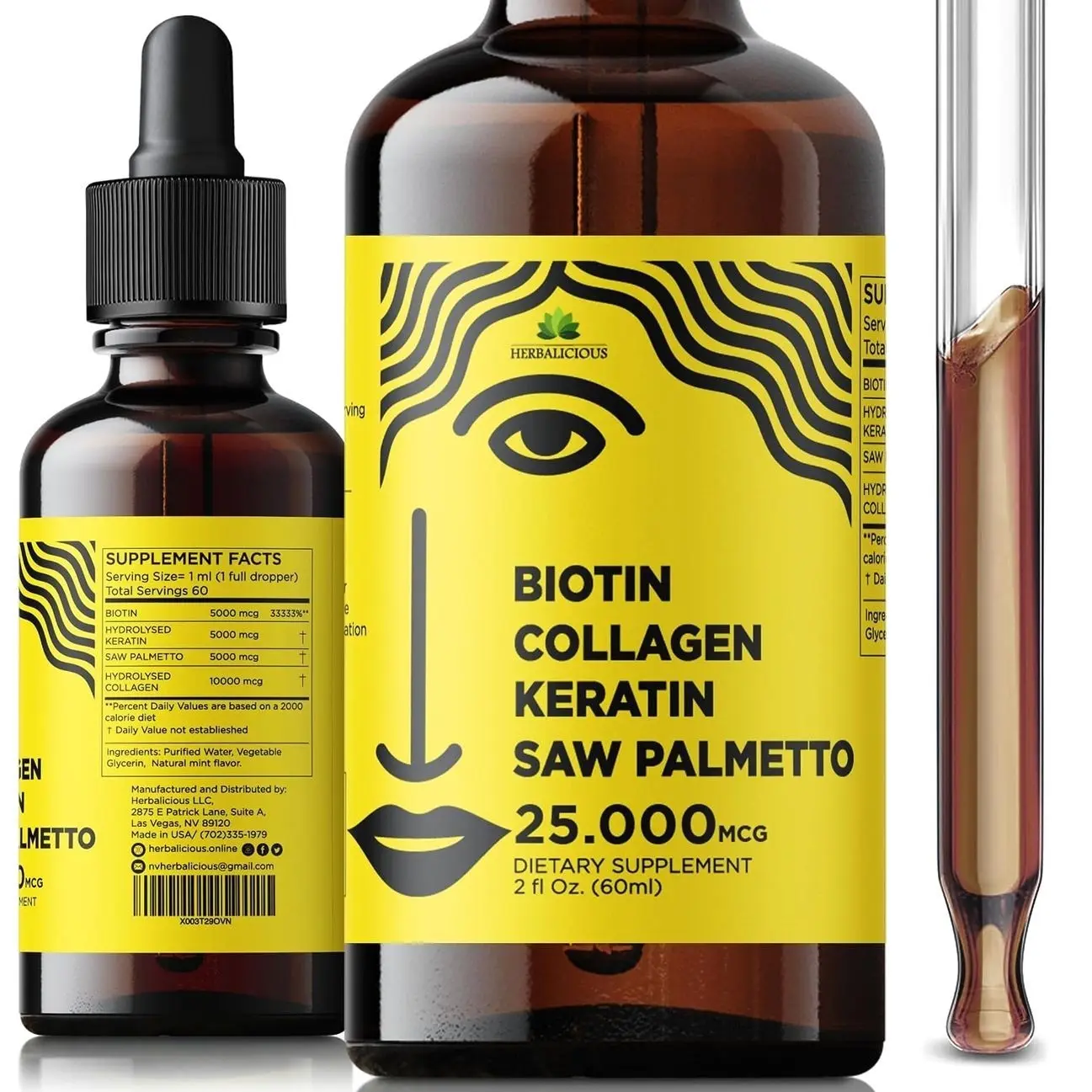Liquid Collagen Supplements for Women - Comprehensive Formula Hair Skin Nails Supplement with 10000mcg Collagen 5000 mcg Biotin 5000 mcg Keratin 5000 mcg Saw Palmetto, Made in USA, 2fl oz