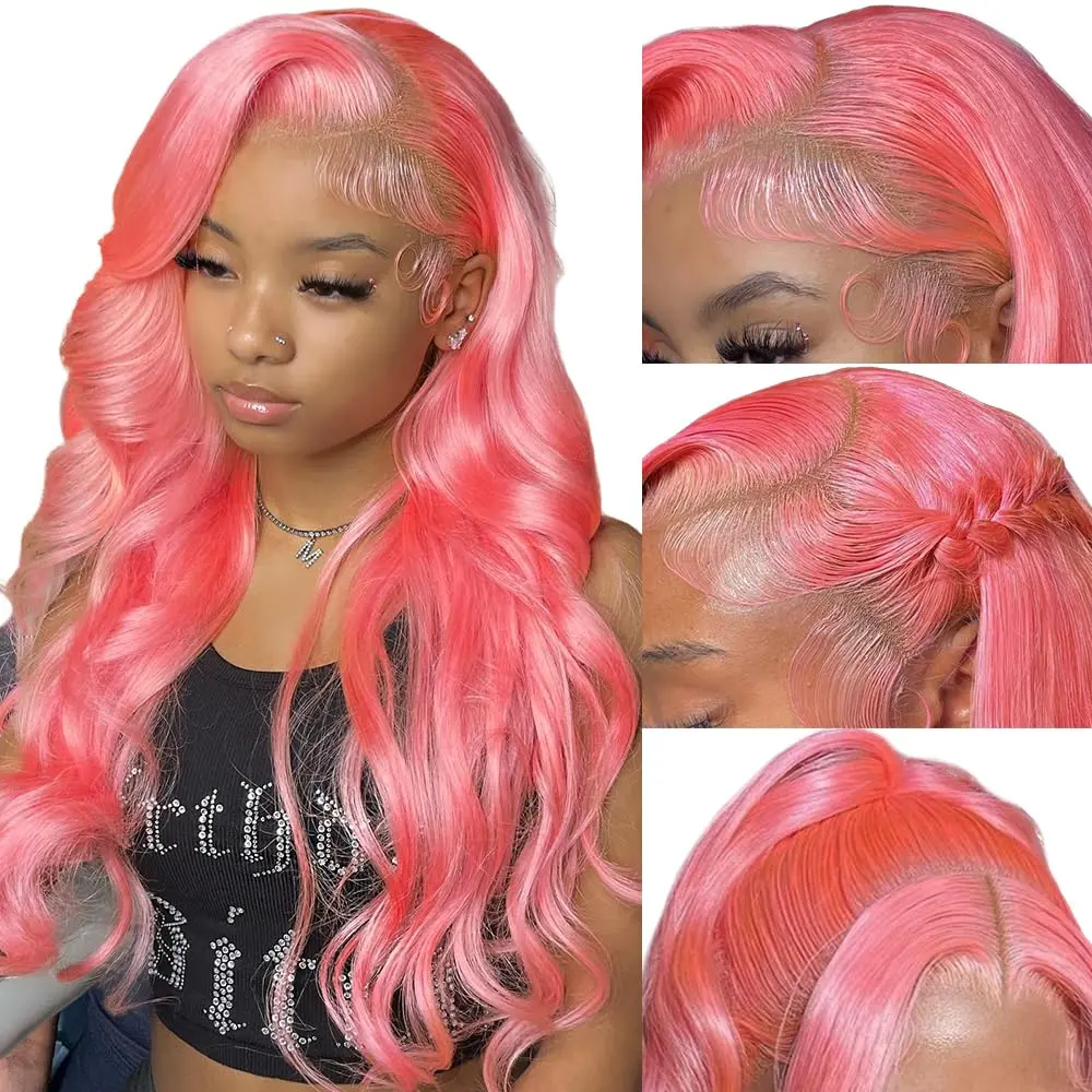 Gk Pink Lace Front Wig Human Hair 13x6 Hd Transparent Lace Pink Body Wave Lace Front Wig Human Hair with Baby Hair Colored Wig Human Hair Pre Plucked 180% Density 32Inch