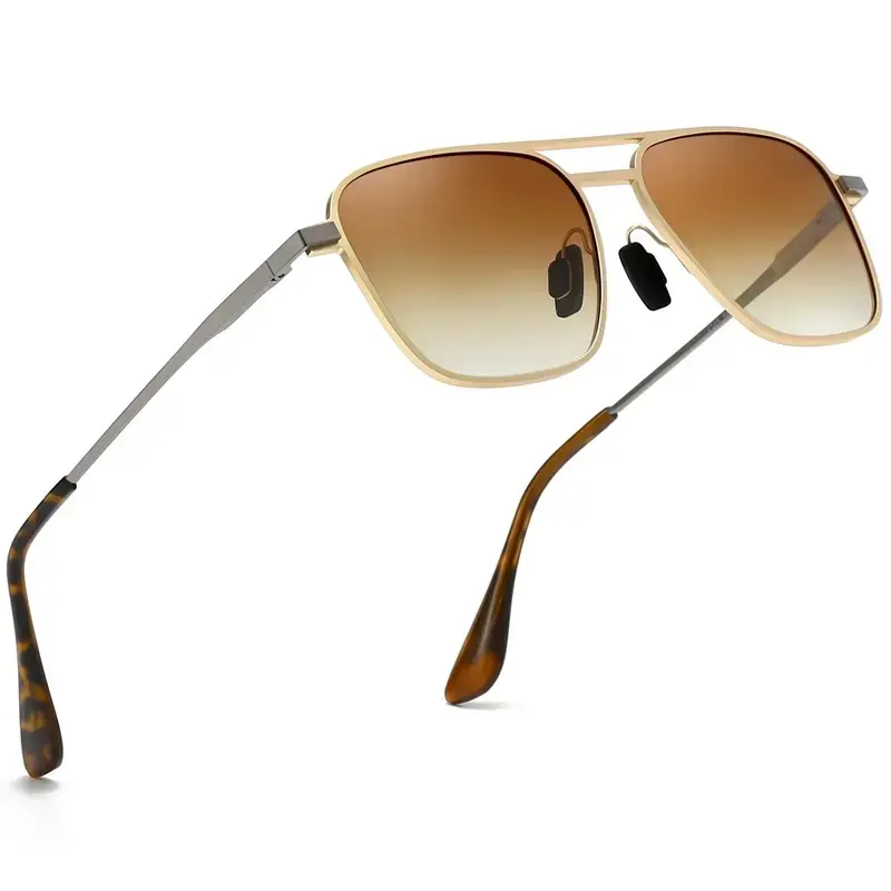 Women's Double Bridge Square Aviator Sunglasses, Thin Gold Metal Frame, Tortoise Soft Temples, Gradient Brown UV400 Lenses, Vintage Pilot Shades for Driving, Streetwear