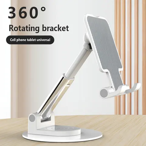 Cell Phone Stand 360 Rotating Foldable Adjustable, Desktop Holder for Hands-Free Video Calls Streaming Gaming, Sturdy Metal Mount, Thick Case Friendly Universal for All Mobile Smartphones