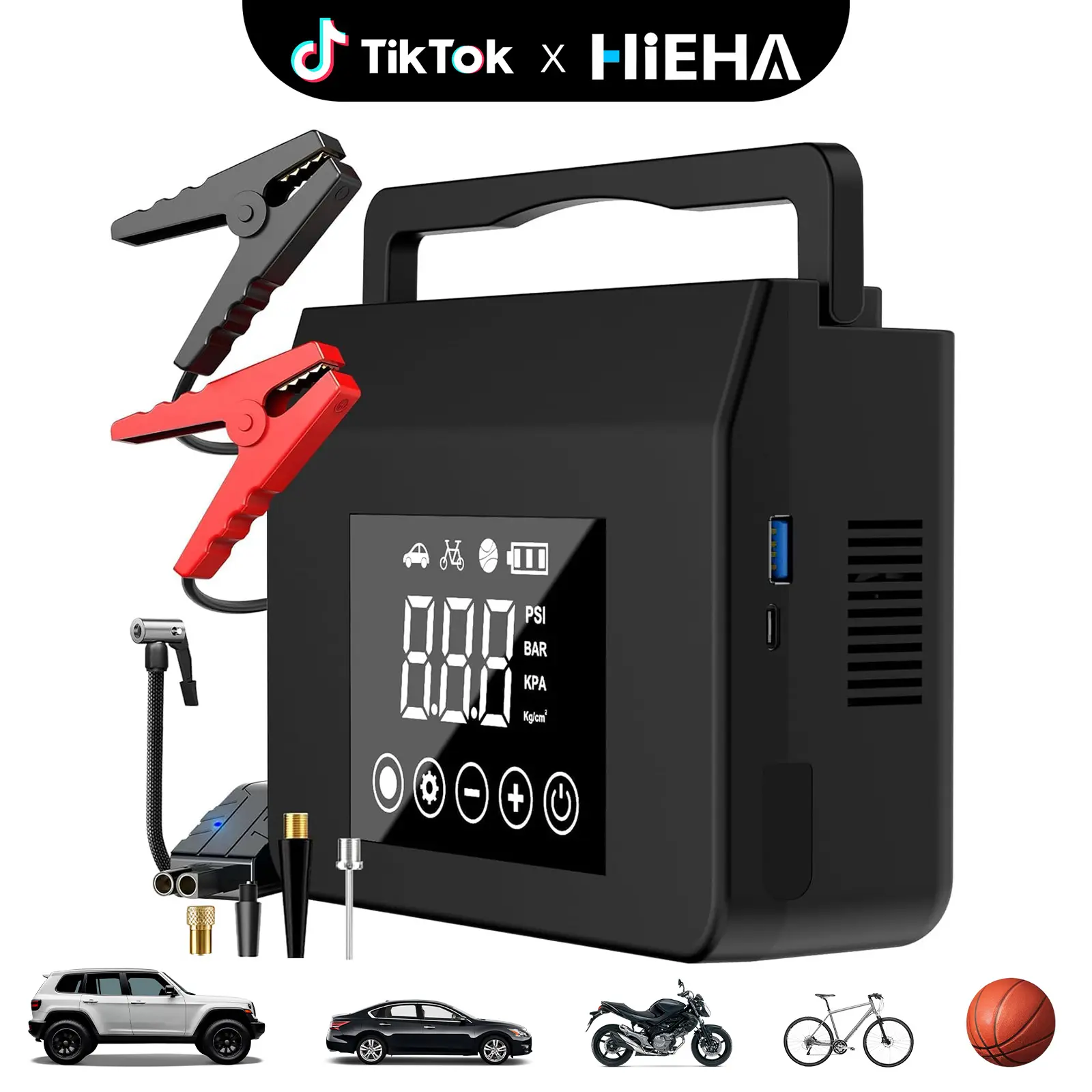 HiEHA 3-in-1 Vehicle Booster - 8000mAh Portable Air Compressor (0-150 PSI), Car Tools with LED Display, Car Jump Starters, Portable Power Bank Charger, LED/SOS Light for Vehicles, Bikes