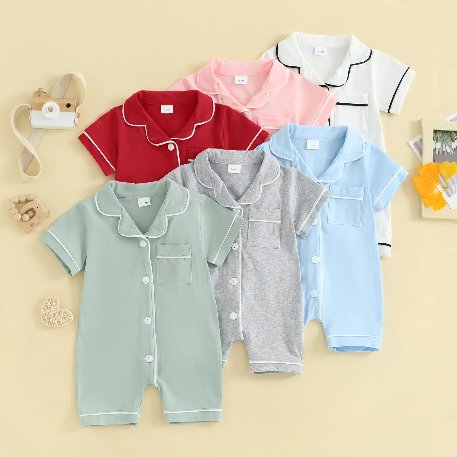 CPZVUCAK Infant Baby Boy Girl Cotton Pajama Jumpsuit Short/Long Sleeve Pjs Romper Button Down  Lounge Sleepwear Nightwear