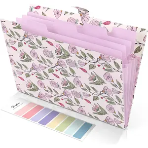 Accordion File Organizer, Floral Expanding File Folders with 5 Pockets, Cute Document Organizer for Paper Bills Receipt Storage, Ideal for School Office Hospital Supplies, Fits Letter/A4 Size, Light Purple