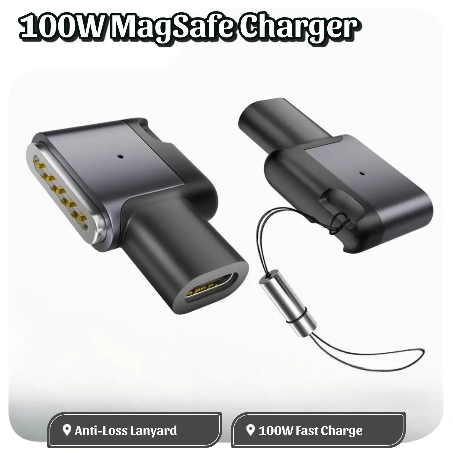 100W PD USB Type-C to MagSafe 3 Magnetic Fast Charging Power Adapter, Side-Bend Design with Anti-Loss Lanyard, Compatible with MacBook Air/Pro M1-M5 (2021+), Pd Power Adapter