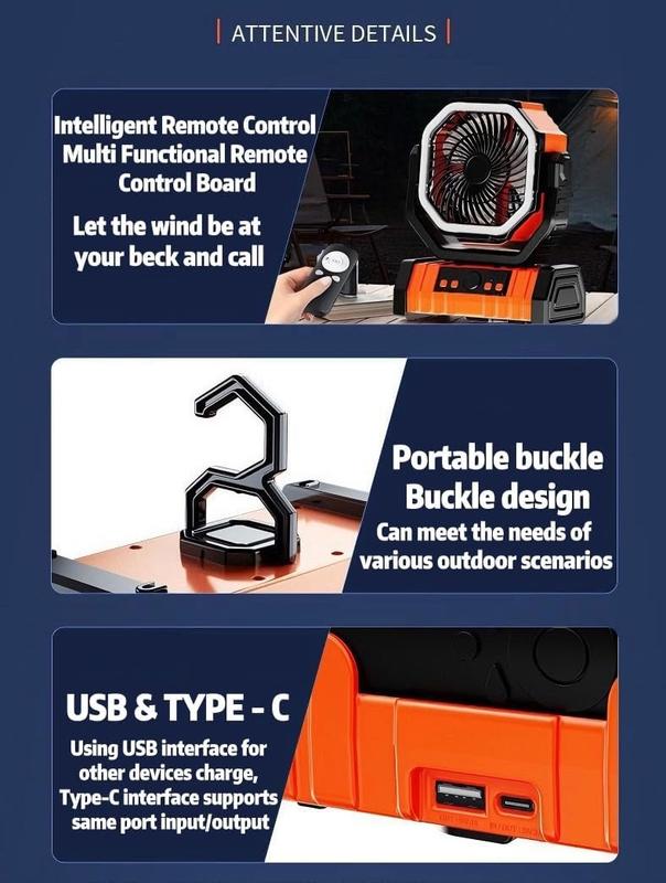 20000mAh Portable Camping Fan Battery Powered, Rechargeable Camping Fan with Remote & LED Light, 4 Speed Strong Airflow &  Light for Desk/Outdoor/Tent/Camping/Fishing Usb