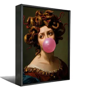Funny Medusa Bubble Gum Art Print, Renaissance Style Medusa Blowing Pink Bubblegum Poster, Dark Academia Pop Culture Wall Decor, Quirky Greek Mythology Artwork for Living Room Bathroom