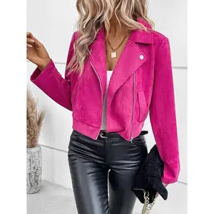 Zip Up Faux Suede Moto Jacket,Ladies Spring/Fall Casual Zipper Regular Sleeve Lapel Regular Fit Hot Pink Plain Women Jackets,Casual Daily Wear