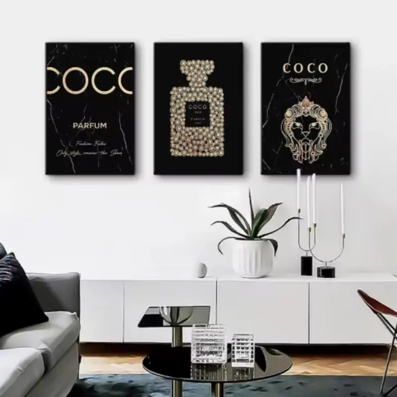 Luxury Framed Wall Art Set, Coco Perfume Bottle & Lion Canvas Prints, Modern Home Decor for Living Room & Bedroom, Unique Artwork