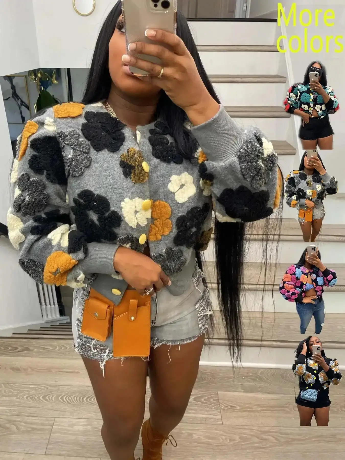 1 Piece Women's Floral Textured Cropped Jacket Coats Long Sleeve Jackets Statement Outerwear 3D Flower Pattern and Contrast Buttons Streetwear Night Outings Casual lightweight layer versatile outerwear