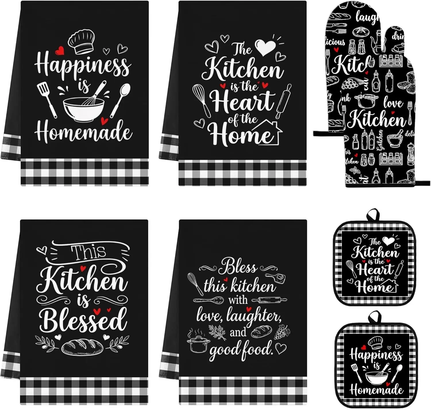 8-Piece Black Classic Rustic Farmhouse Kitchen Towel Set with Hanging Oven Mitts, Pot Holders, Homemade Bakeware Accessories, Absorbent Microfiber Dish Towels for Home Cooking Gifts, Utility