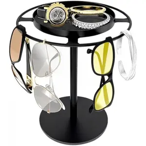 Metal Sunglasses Organizer, Glasses Holder Stand with Storage Tray, Eyeglasses Holder with Anti-Slip Pads for Tabletop, Desk, Dresser, Matte Black