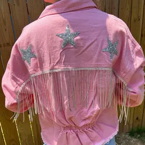 Pink Sparkling Fringe and Stars Denim Jacket Womenswear