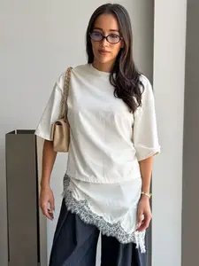 Lace Asymmetric Oversized T-Shirt Women's t-Shirt Spring Summer 2026 Casual Beige O-Neck Short Sleeve Patchwork Tops Fashion Y2k Streetwear T-Shirts